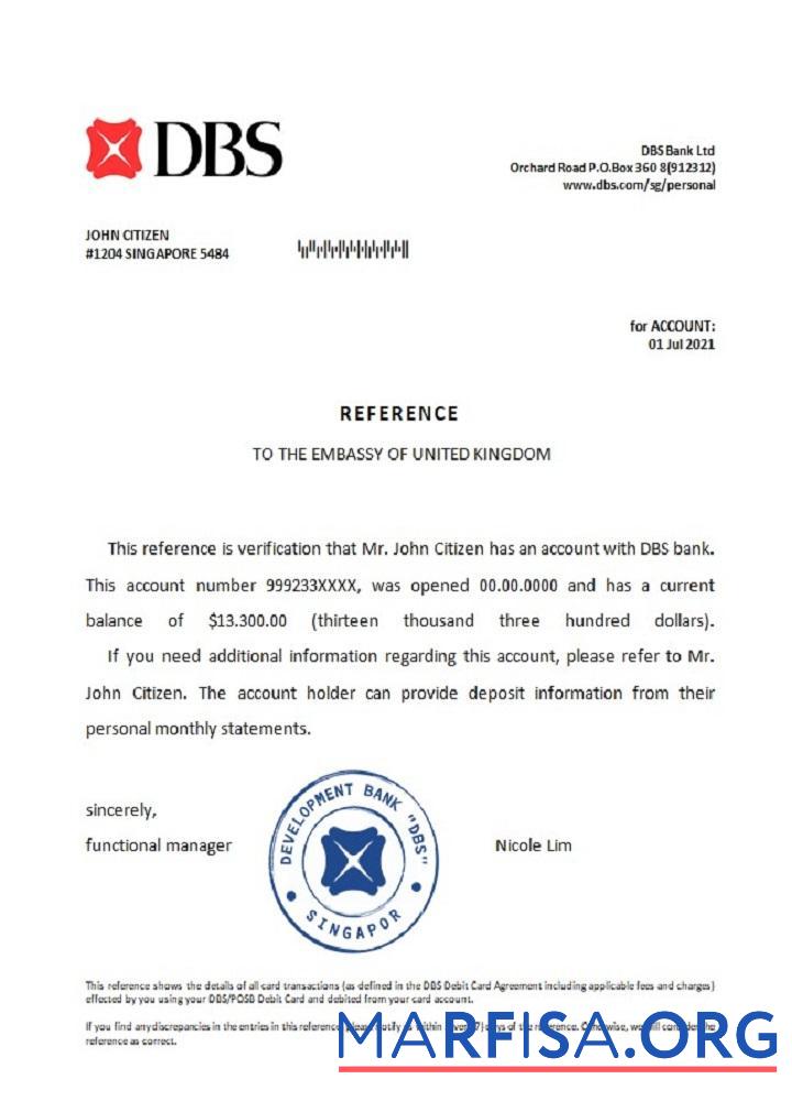 Printable Singapore DBS bank reference template